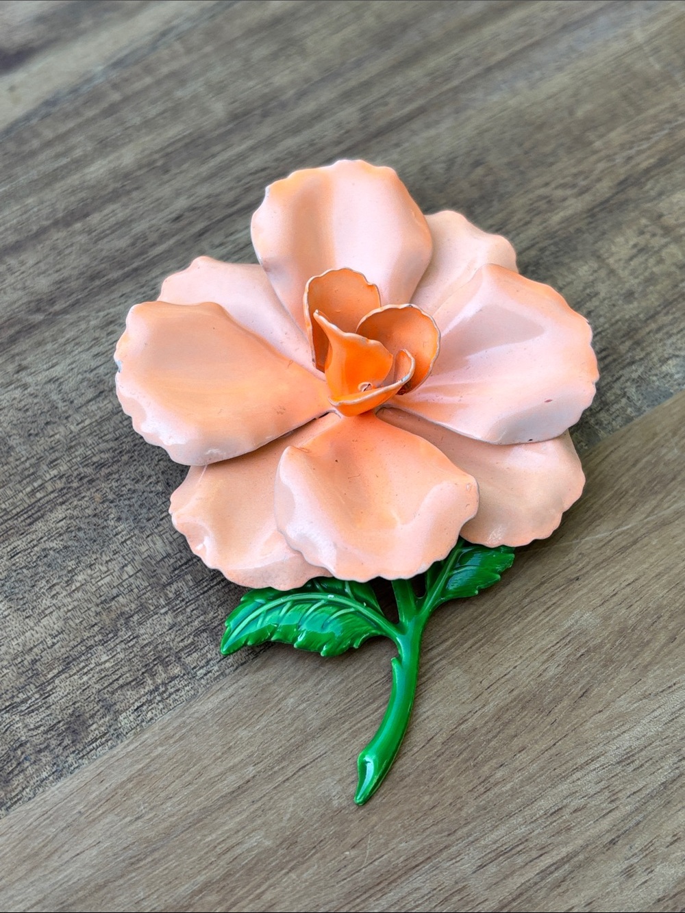 Peach Enameled Flower Brooch with Green Stem